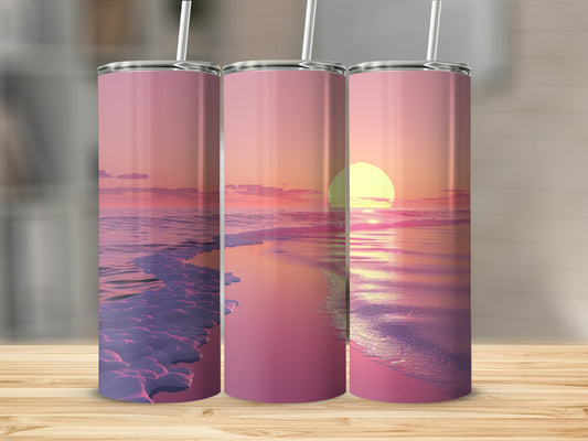 Three tumblers with a sunset beach scene design.