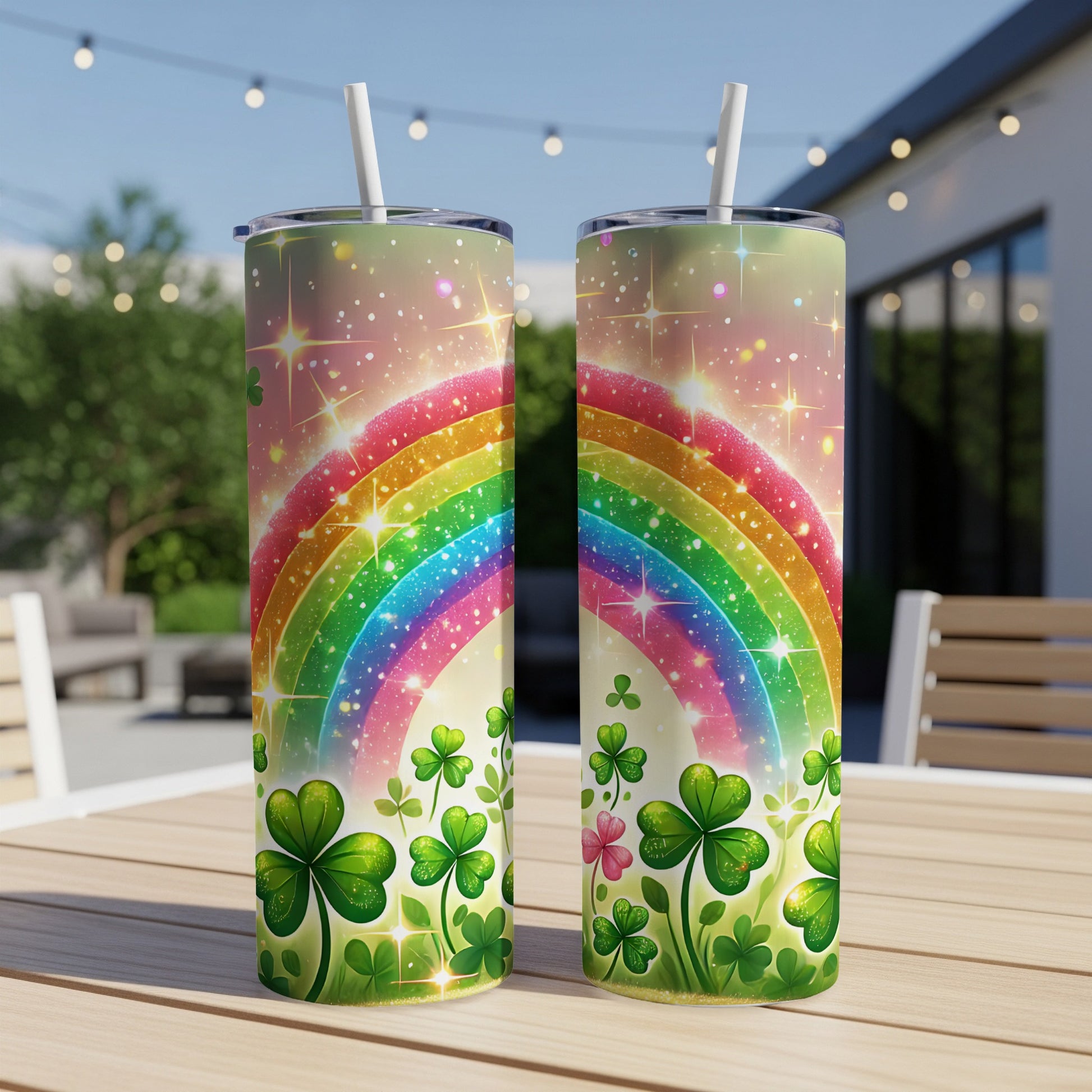 Two tumblers with a rainbow and shamrocks design.