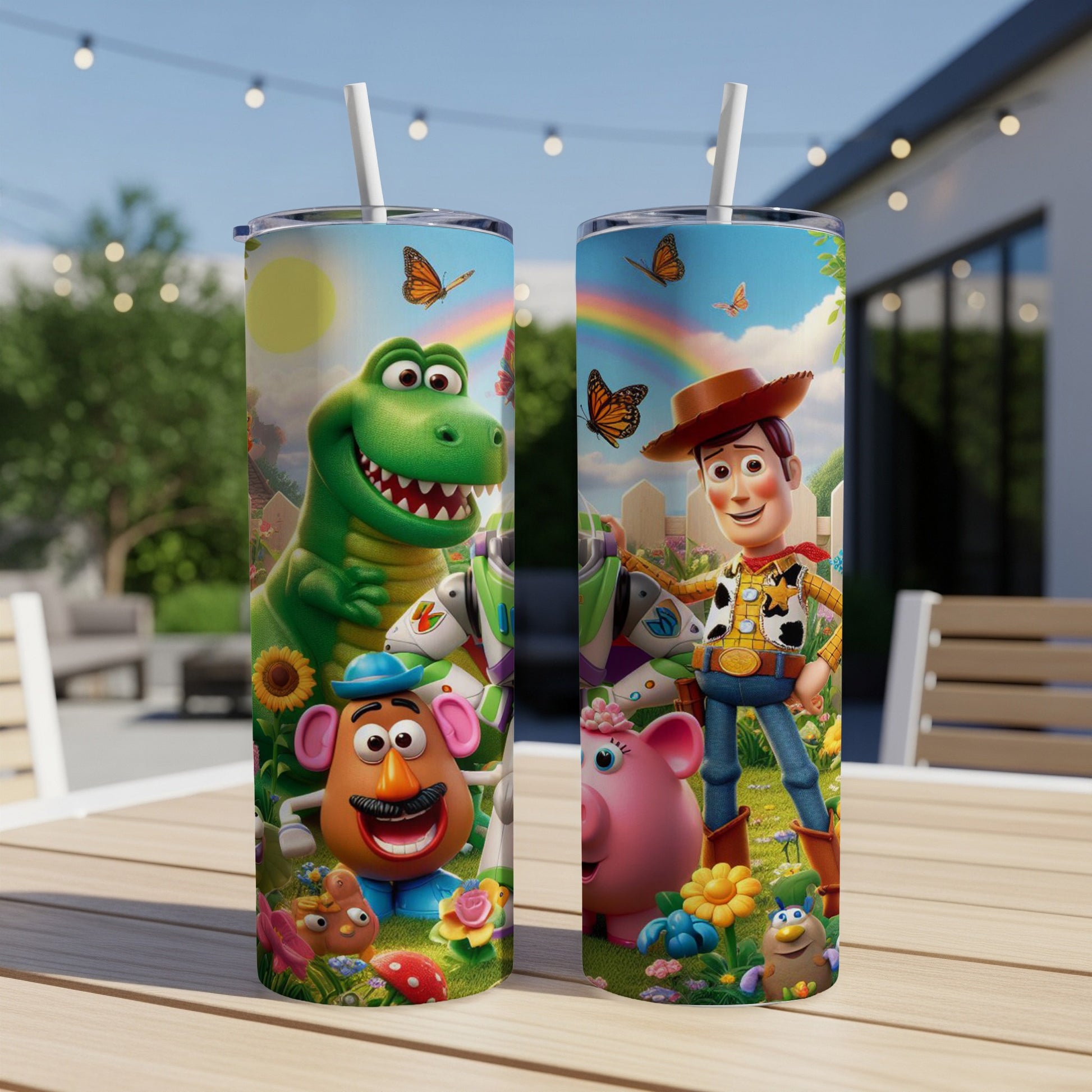 Toy Story characters Rex, Mr. Potato Head, Hamm, and Woody on a white tumbler.