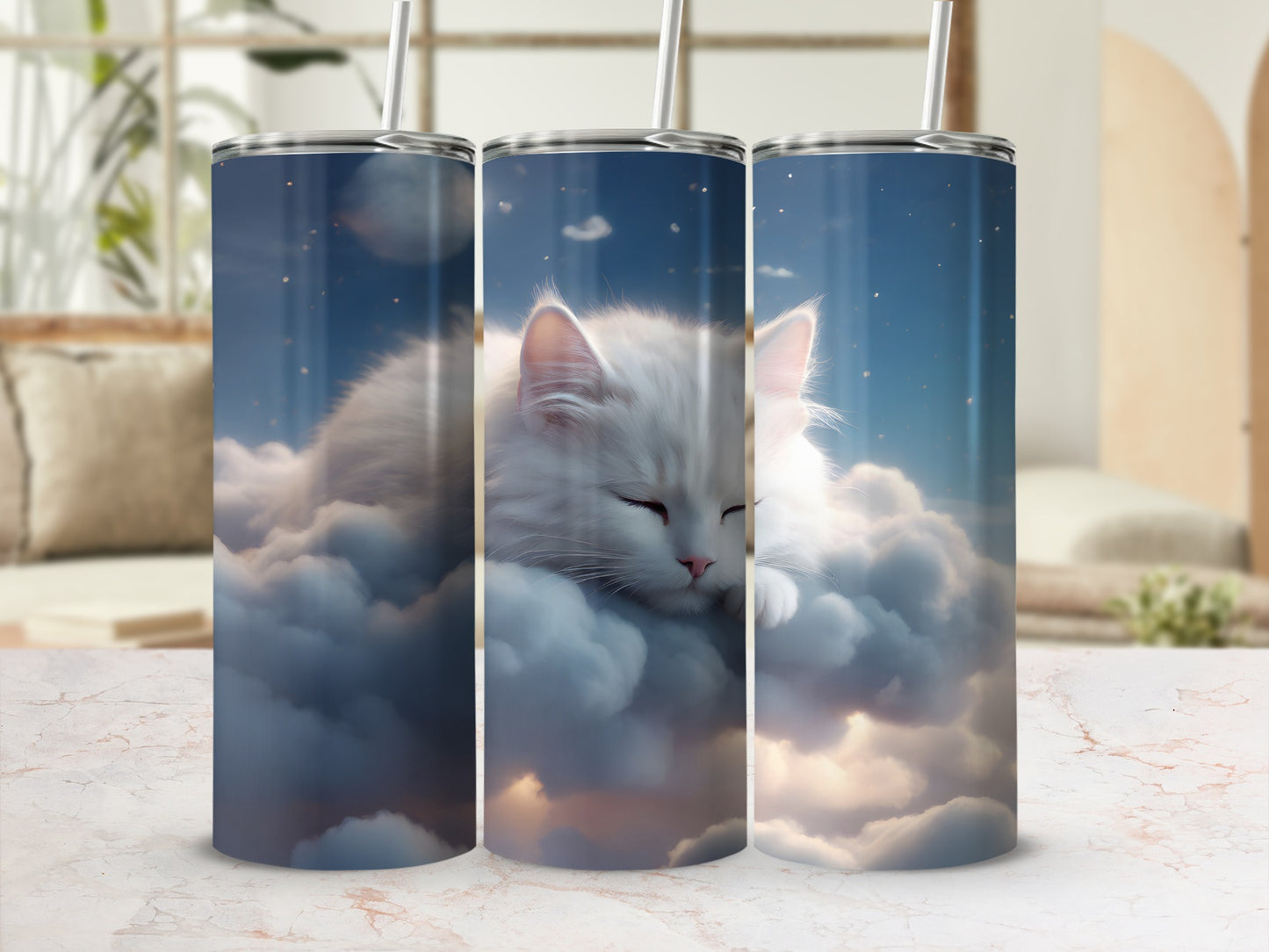 White cat sleeping peacefully on a cloud under a starry sky.