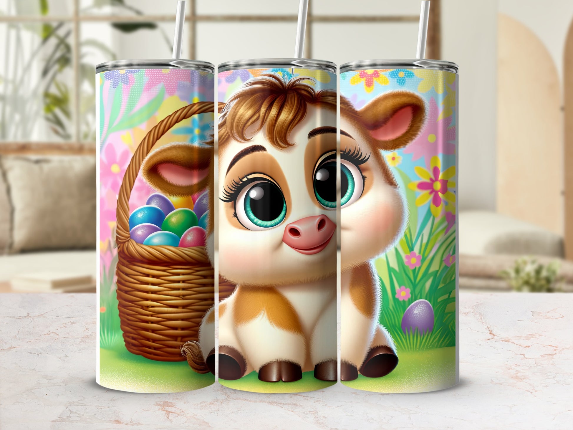 Cute cartoon cow with Easter eggs in a basket, pastel floral background.
