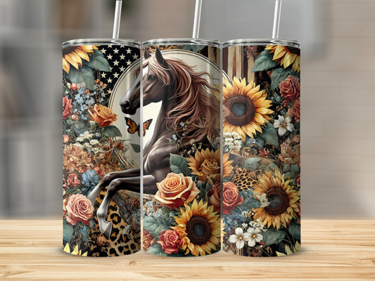 Horse and sunflowers on a patriotic floral tumbler.