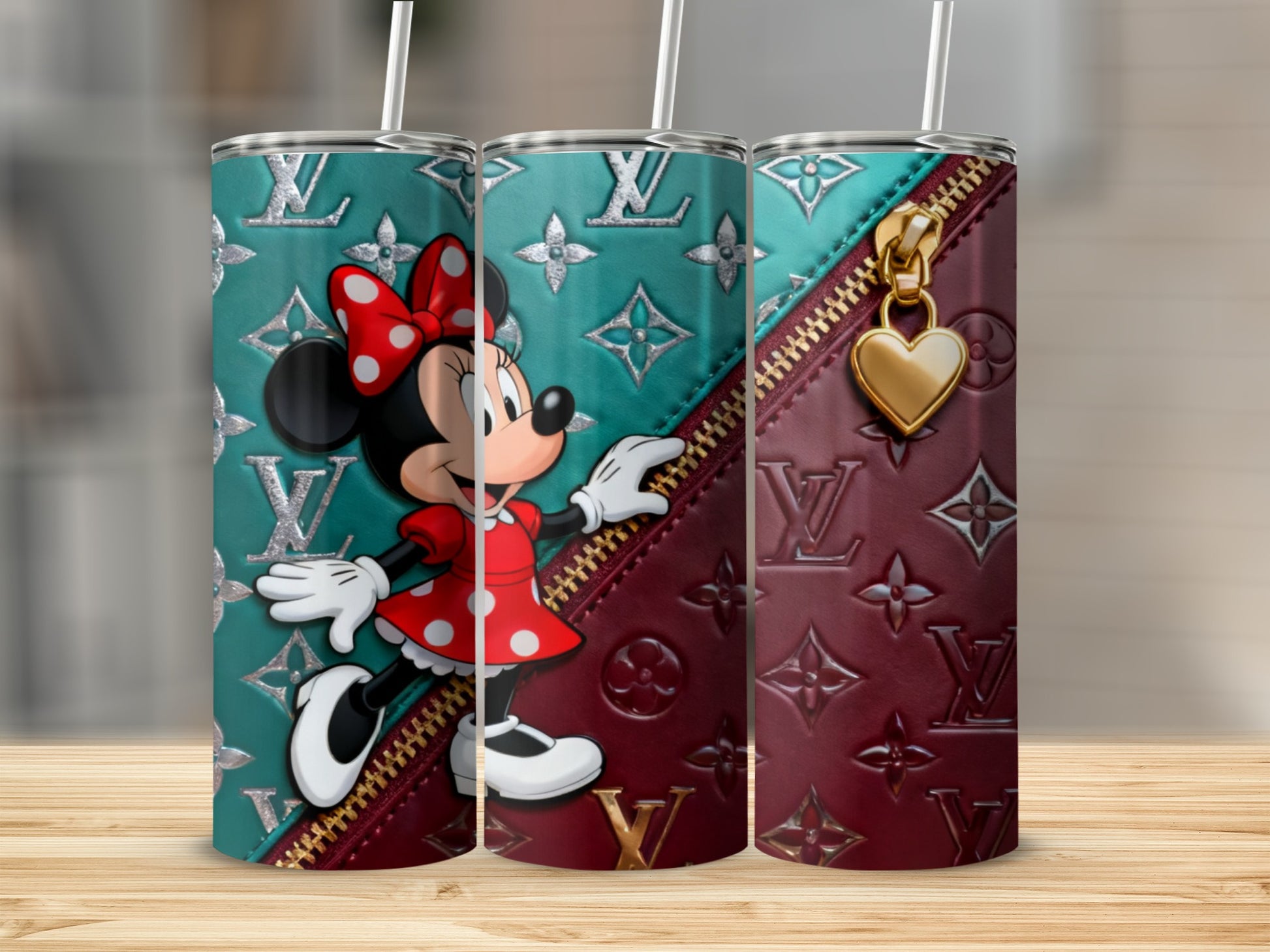 Minnie Mouse on teal and maroon textured tumbler with gold zipper and heart.