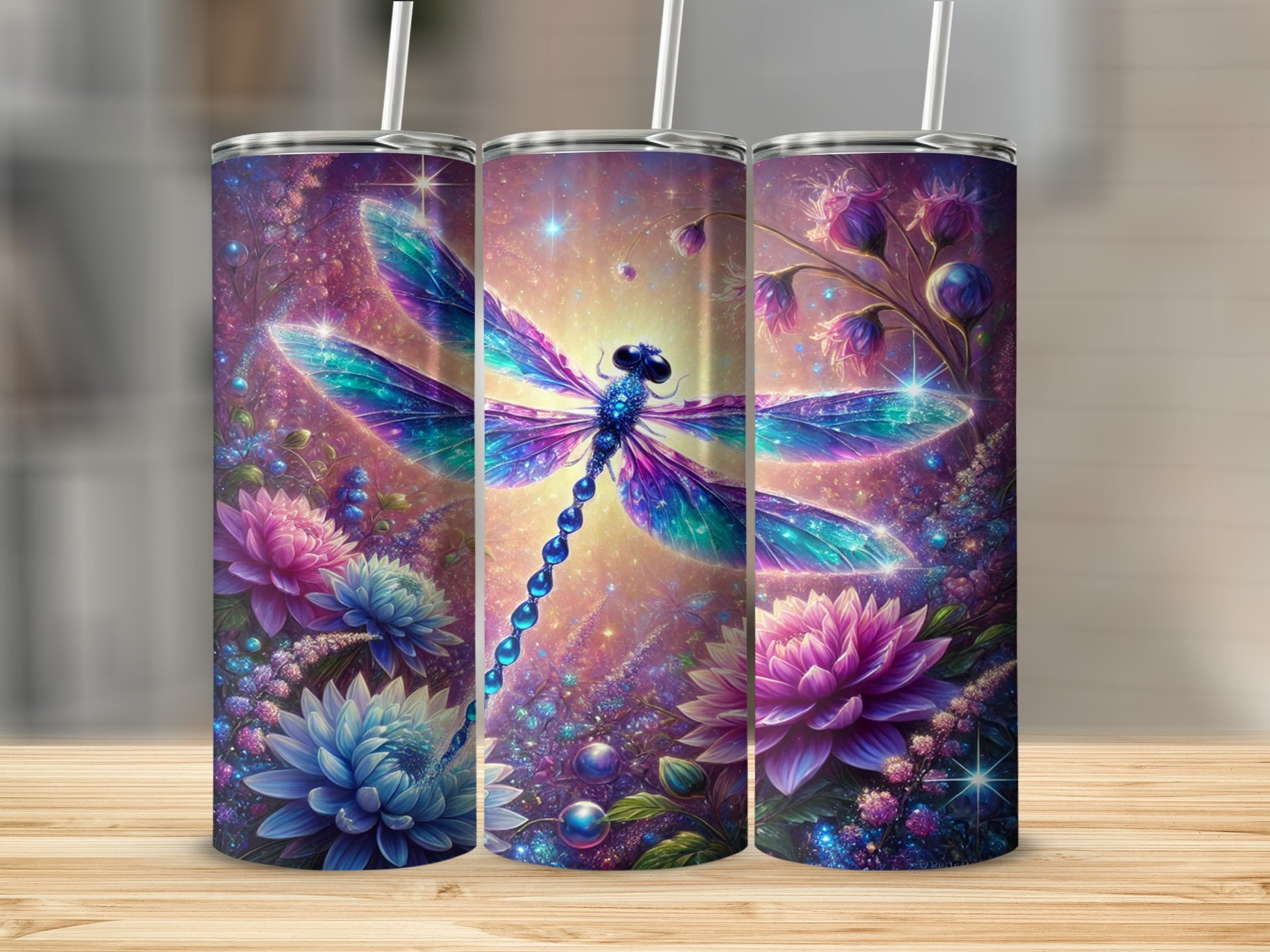 Colorful Mystical Dragonfly and Flowers Design Tumbler