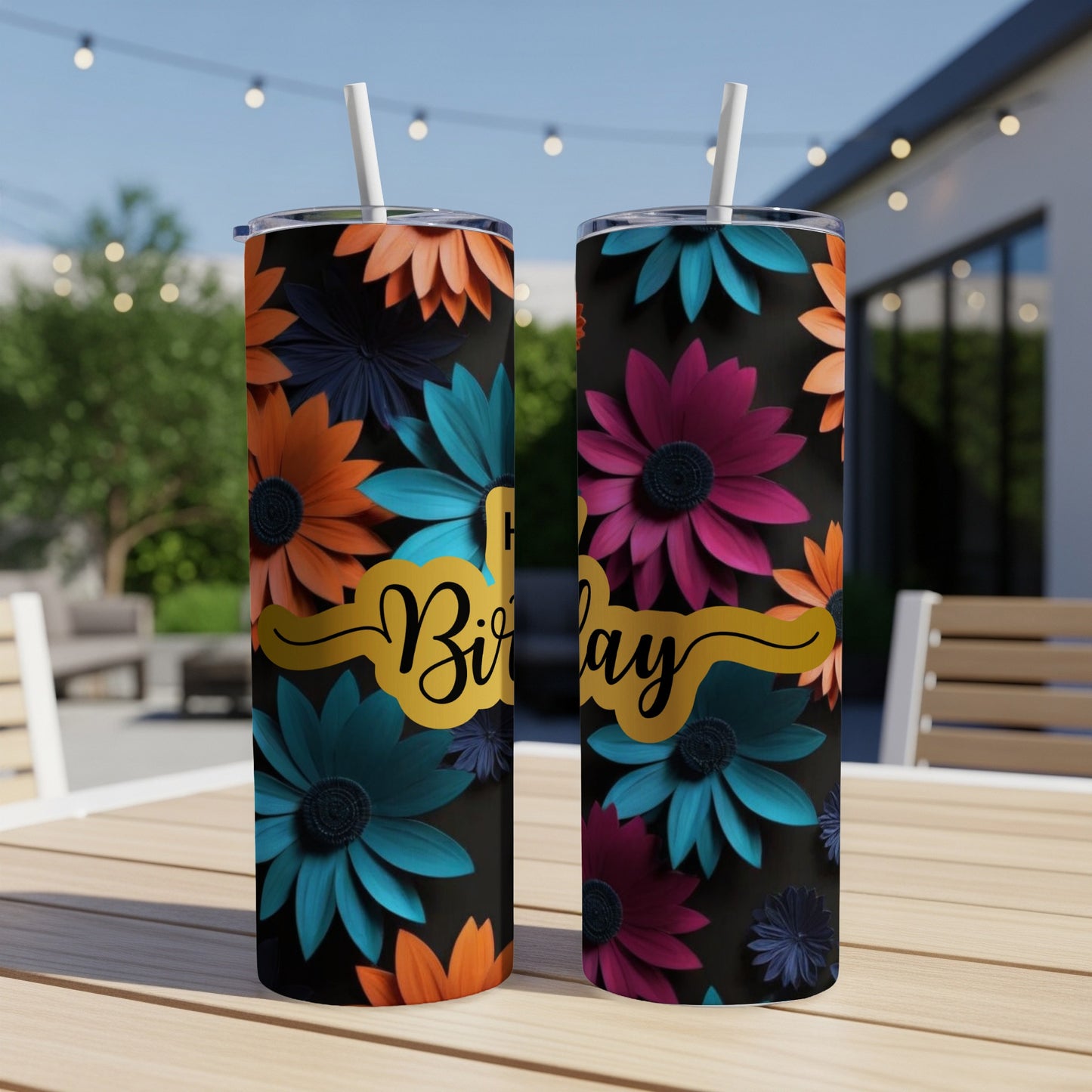 Two tumblers with floral designs and "Happy Birthday" text.