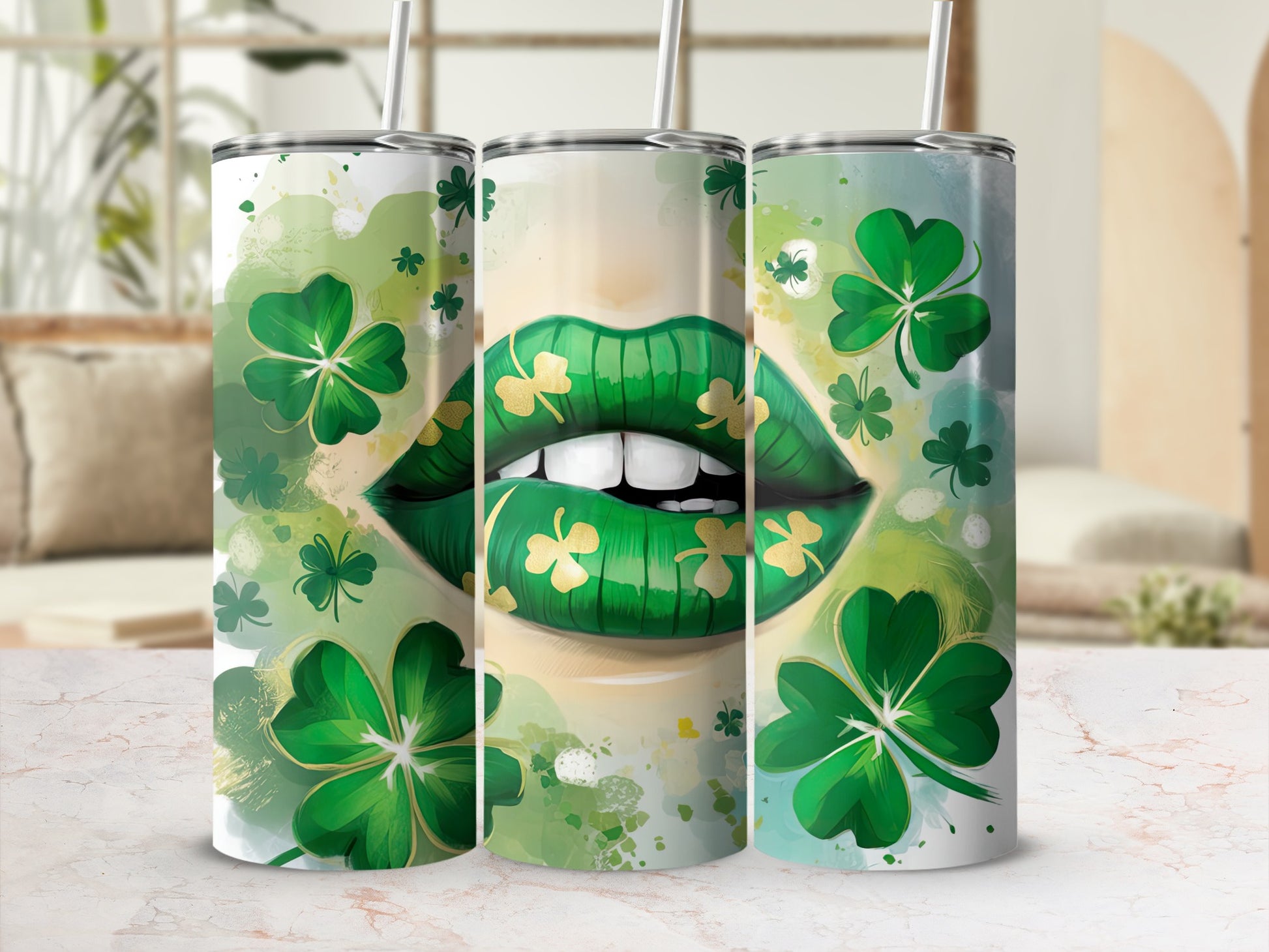 Green shamrocks and gold teeth on a woman's lips, on a tumbler.