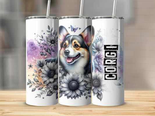 Corby wearing a floral crown with the word "Corgi" on a tumbler.