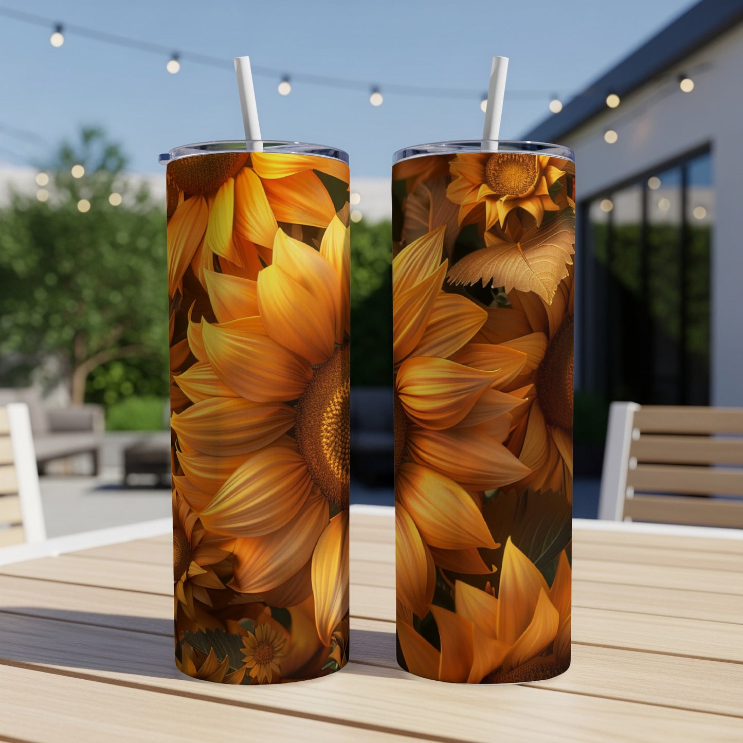 Two tall tumblers with a vibrant sunflower design sitting on a wooden table.