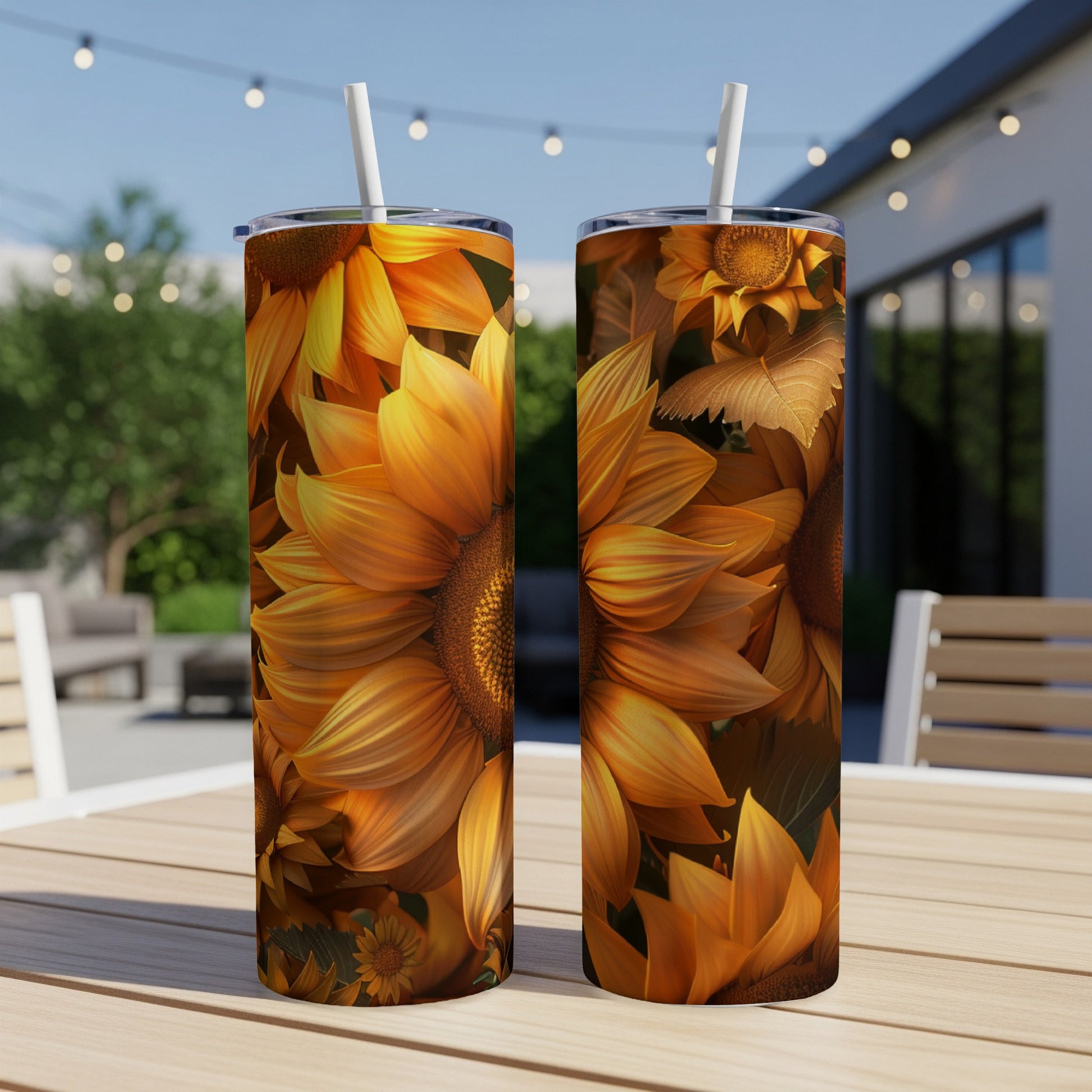 Two tall tumblers with a vibrant sunflower design sitting on a wooden table.