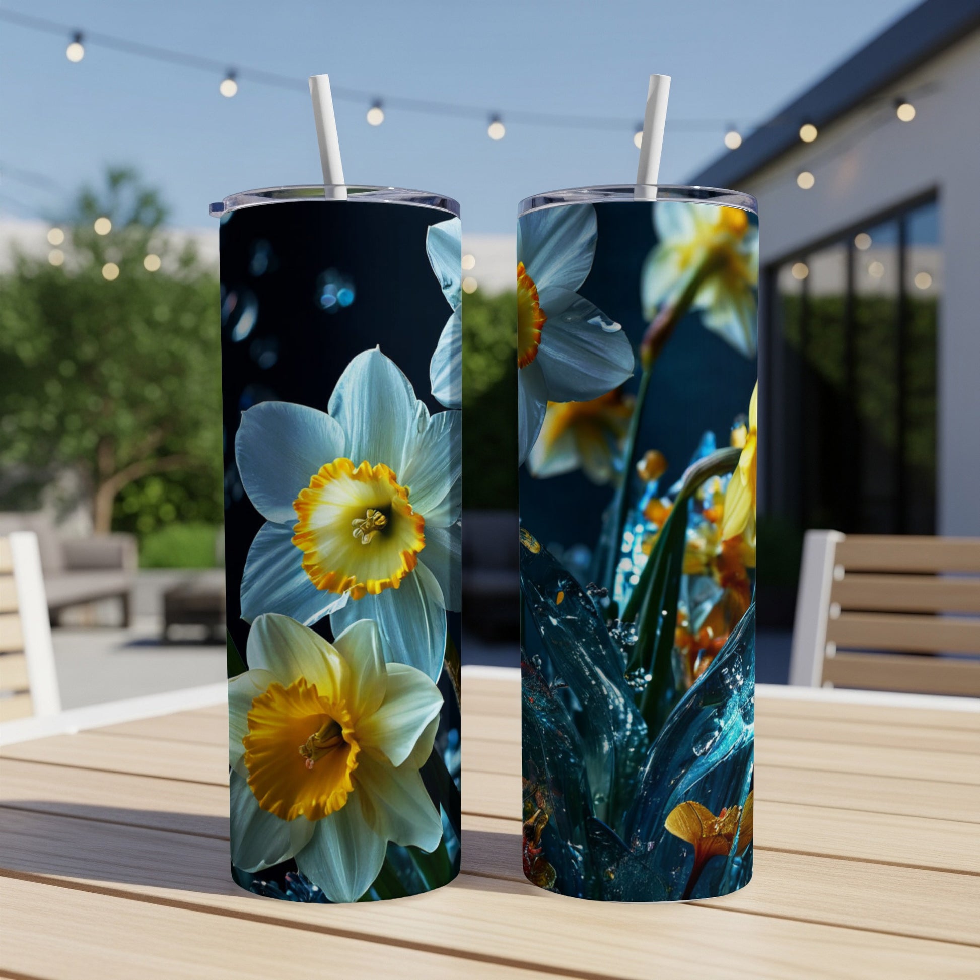 Two tumblers with white and yellow daffodils and water splashes.