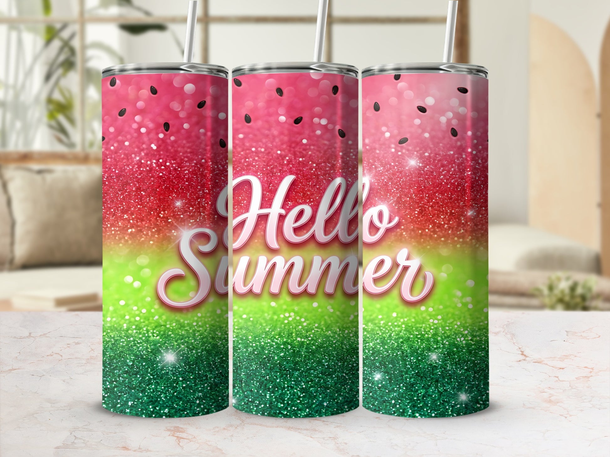 Glittering watermelon pattern tumbler with "Hello Summer" text.