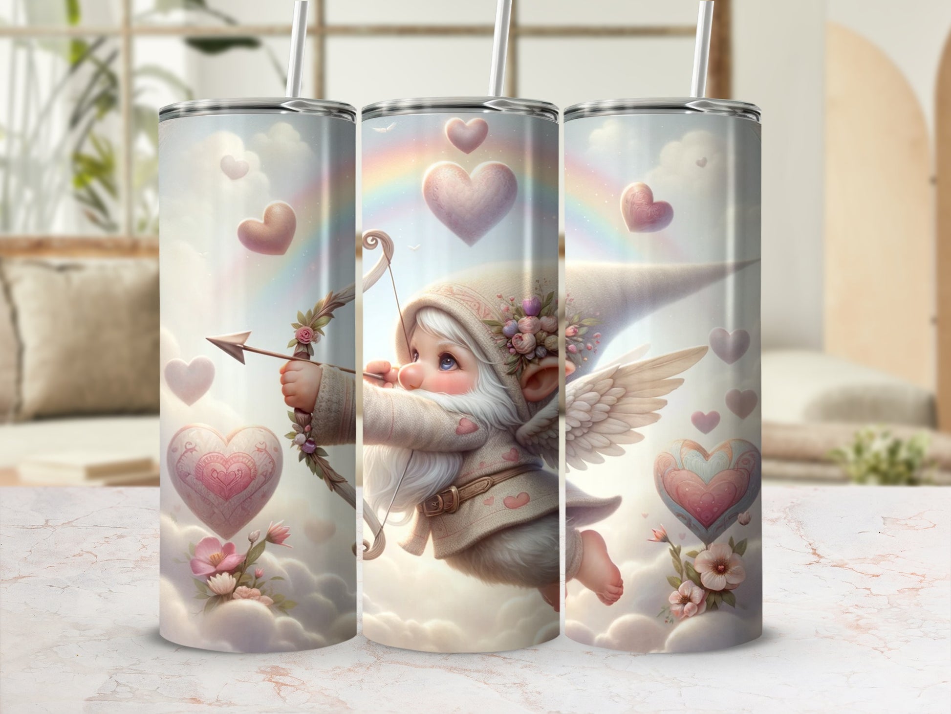 Adorable Cupid Gnome with Hearts and Flowers Tumbler