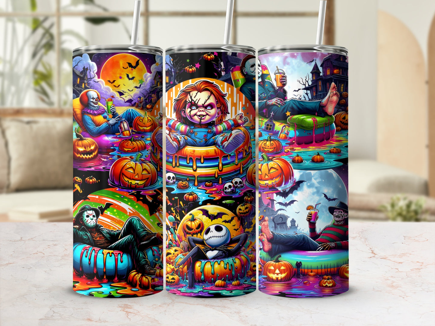 Halloween tumblers featuring creepy characters and pumpkins with straws.