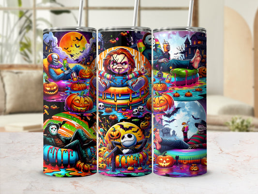 Halloween tumblers featuring creepy characters and pumpkins with straws.