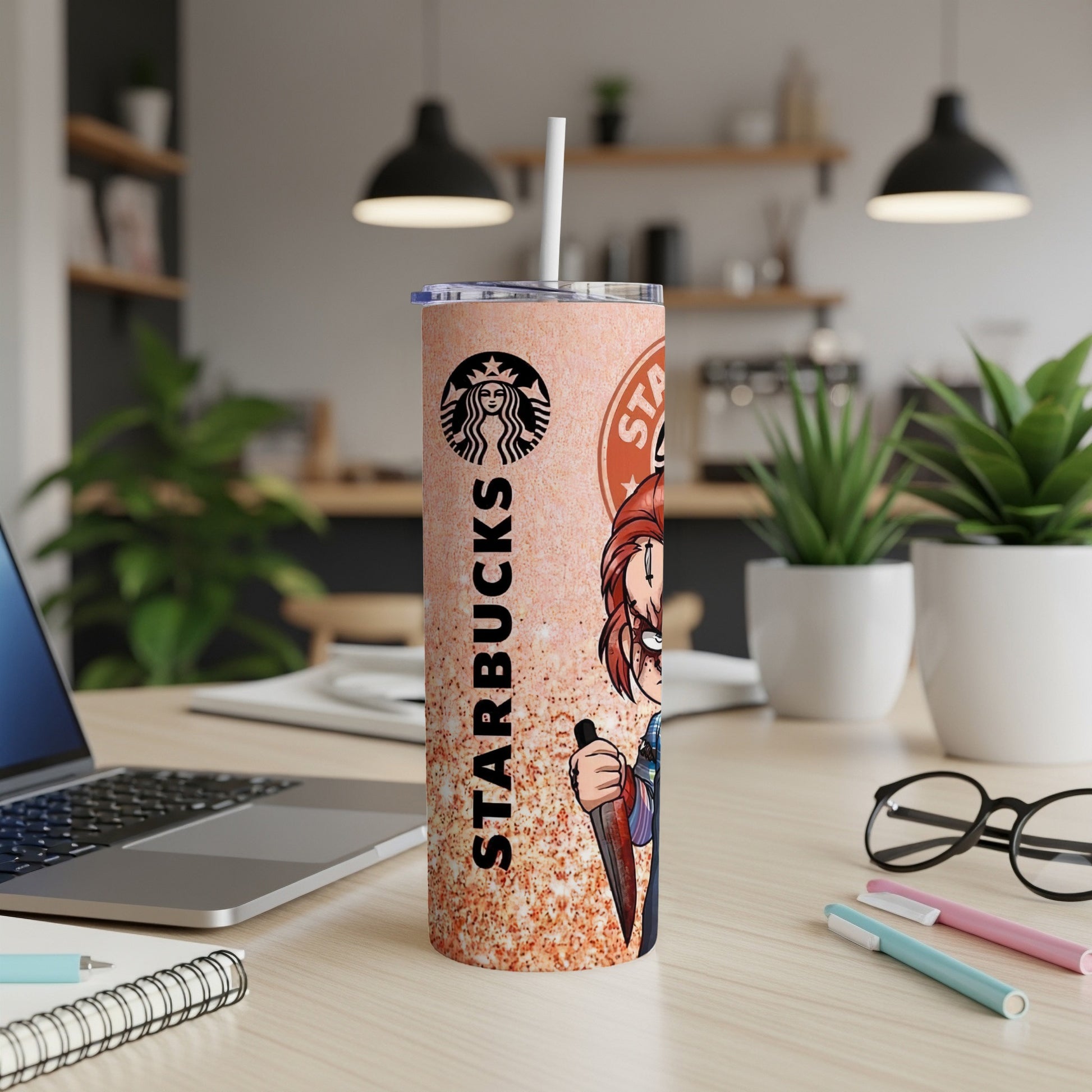 Tumbler featuring Starbucks logo and Chucky holding a knife.