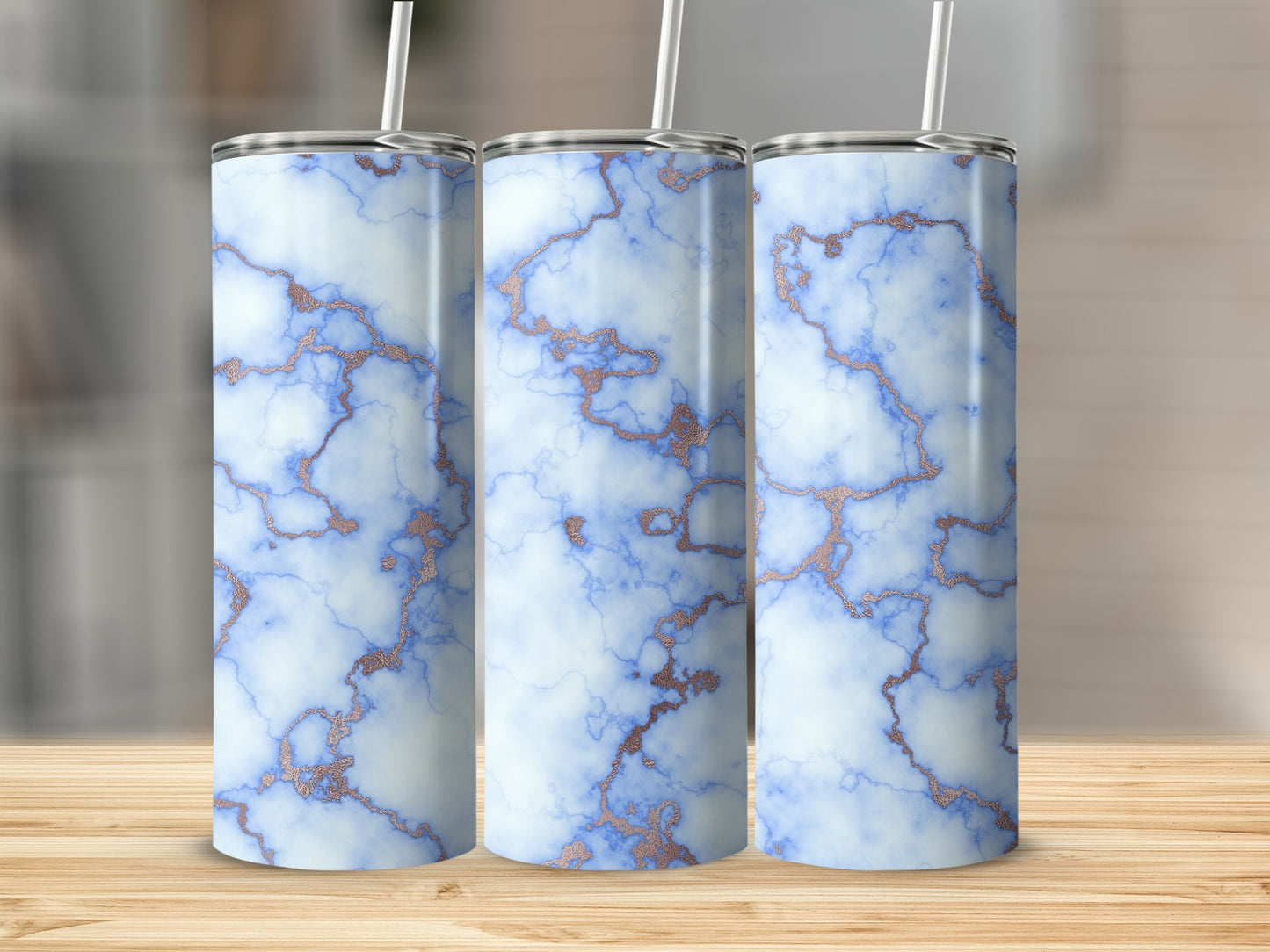Light Blue with Rose Gold Marble Like Art Design Tumblers