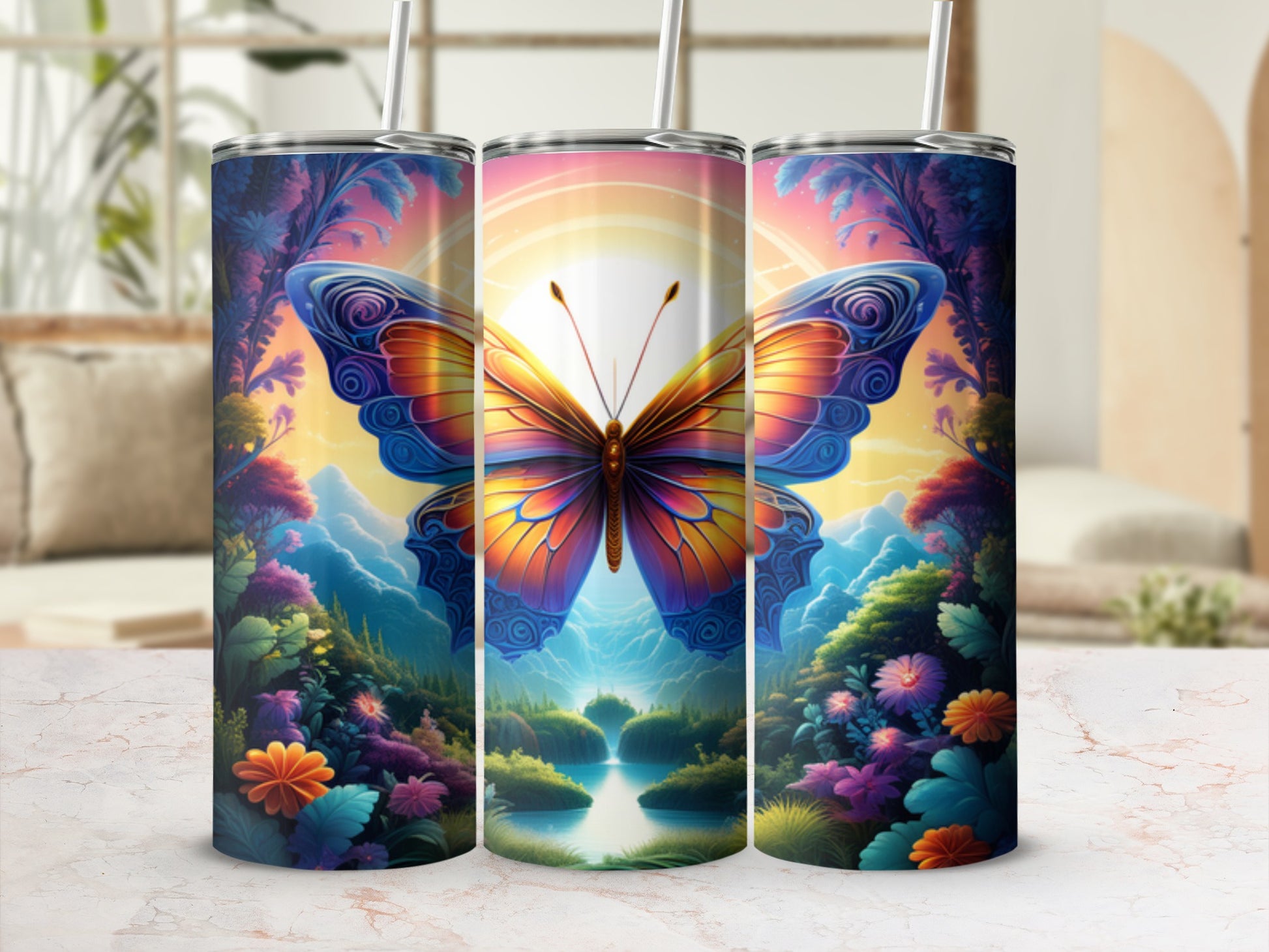 Butterfly and vibrant floral landscape on a cylindrical tumbler.