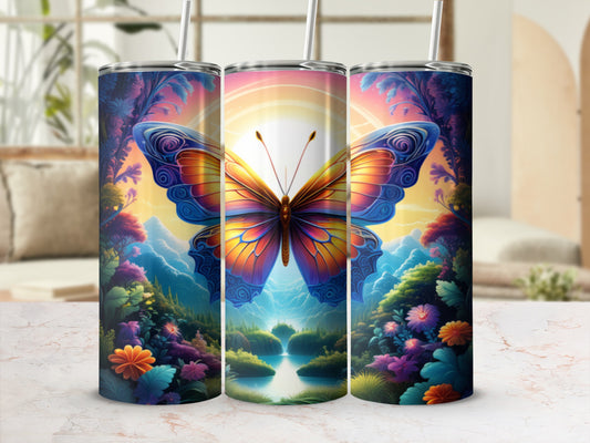 Butterfly and vibrant floral landscape on a cylindrical tumbler.