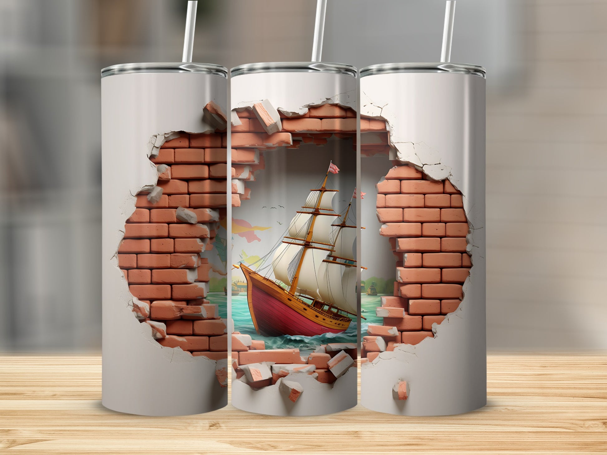 Tall Tumblers with Sailboat and Brick Wall Design