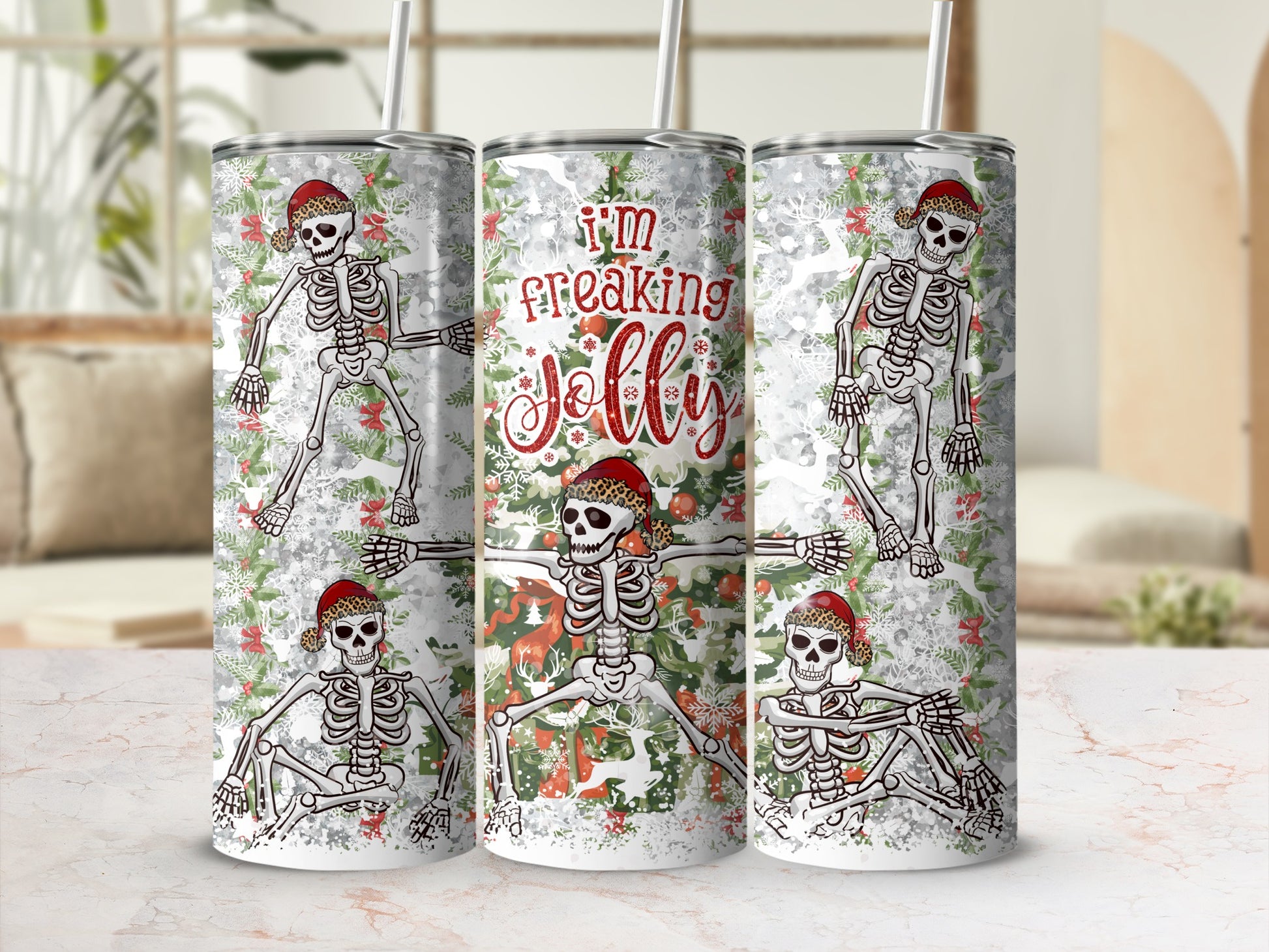 "I'm Freaking Jolly" text on a skeleton Christmas tumbler design with red berries and greenery.