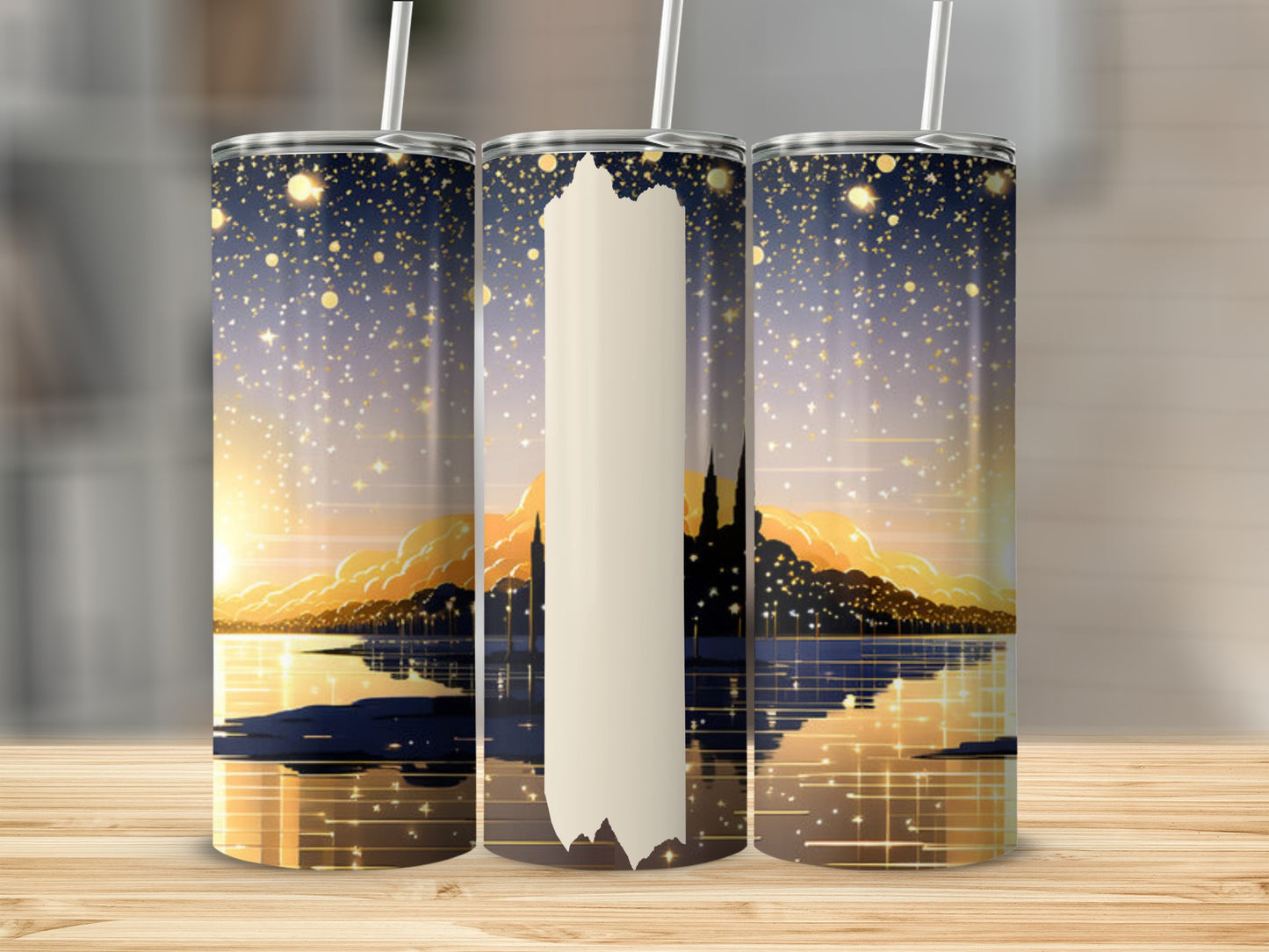 Silhouetted castle at sunset over calm water with sparkling stars.