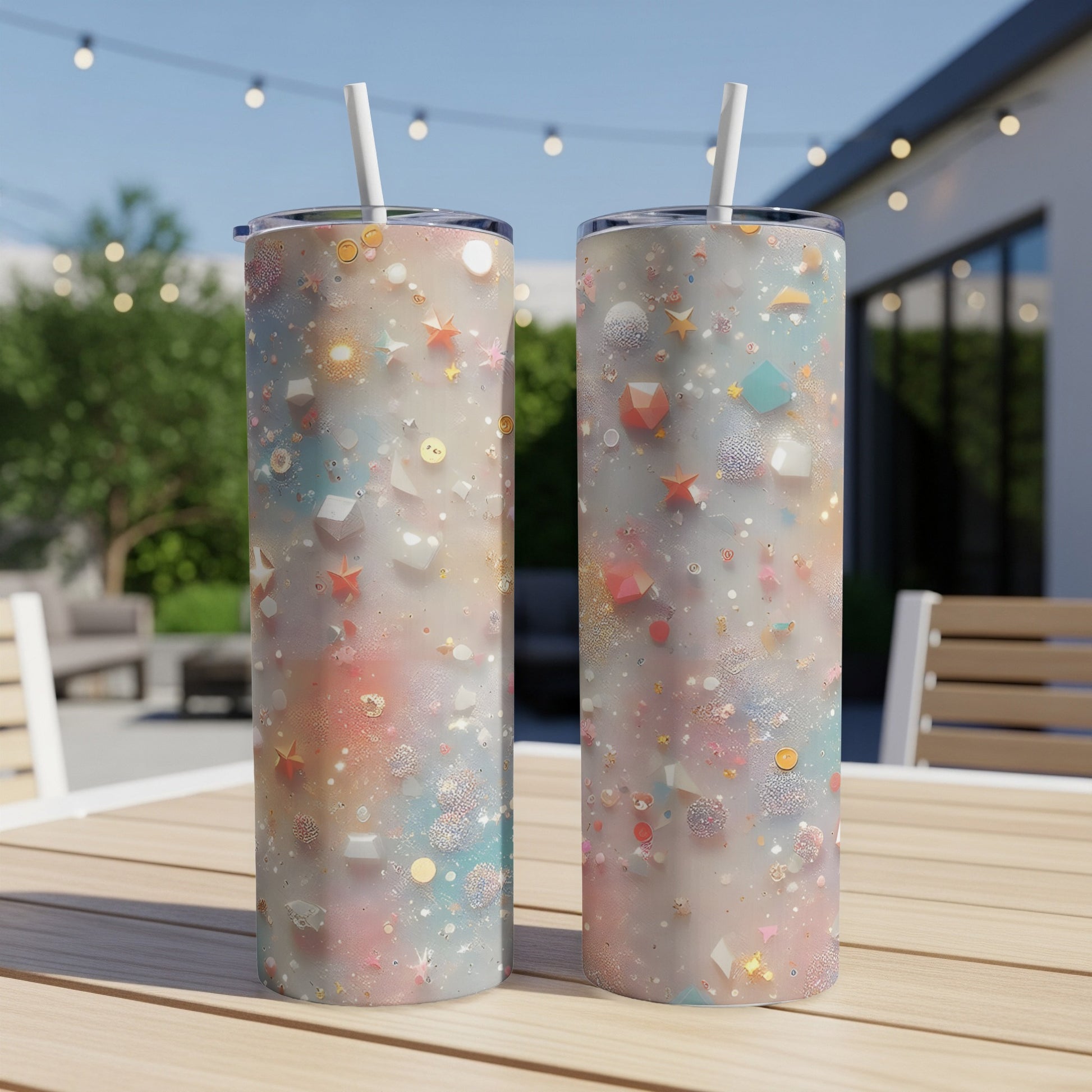 Two tumblers with a pastel galaxy pattern and celestial shapes.