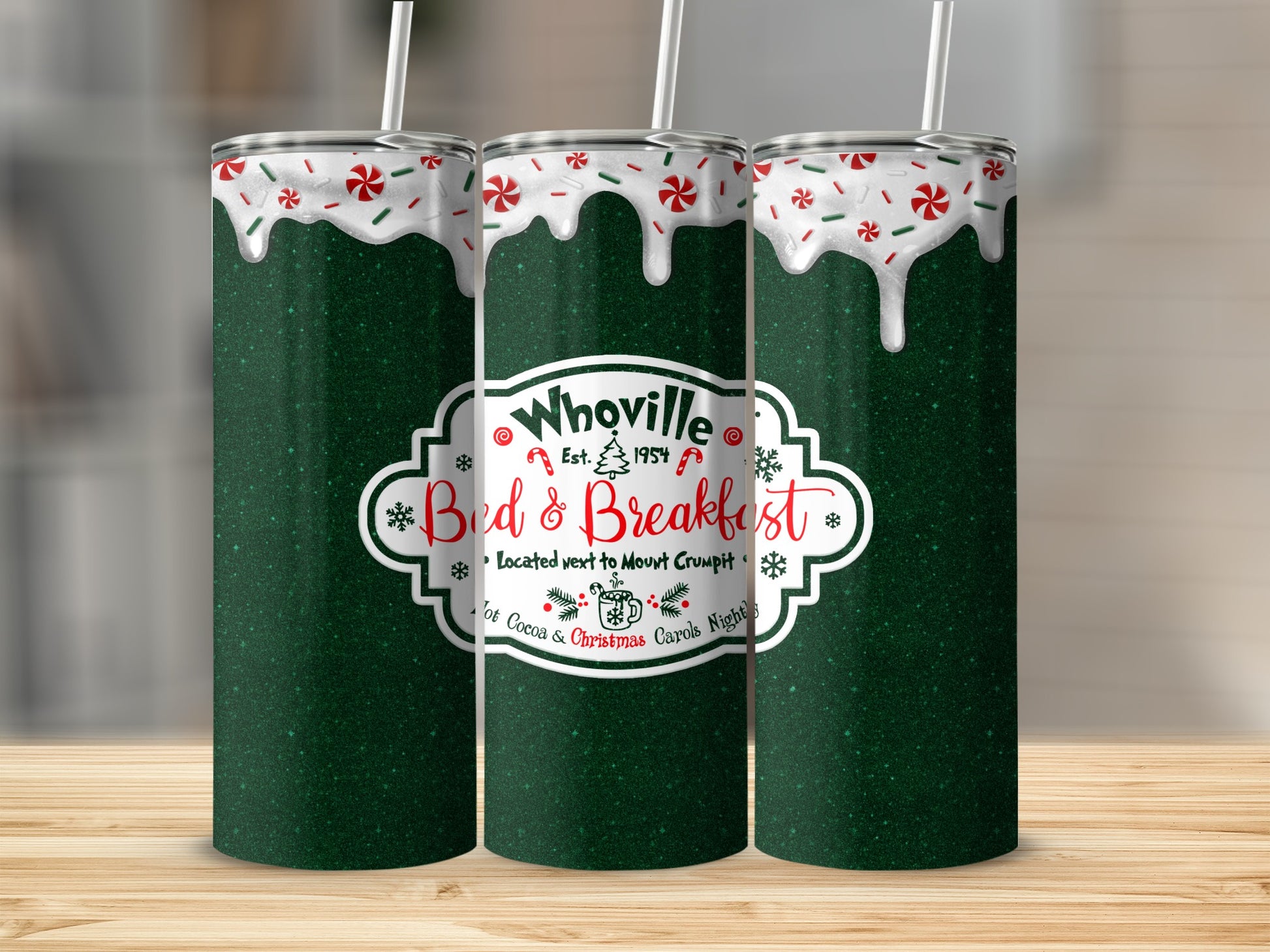 Whoville Bed & Breakfast Christmas tumbler with candy cane drip and green glitter.