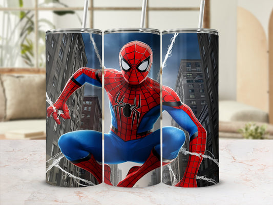 Spiderman crouching on a building with webs, digital art.