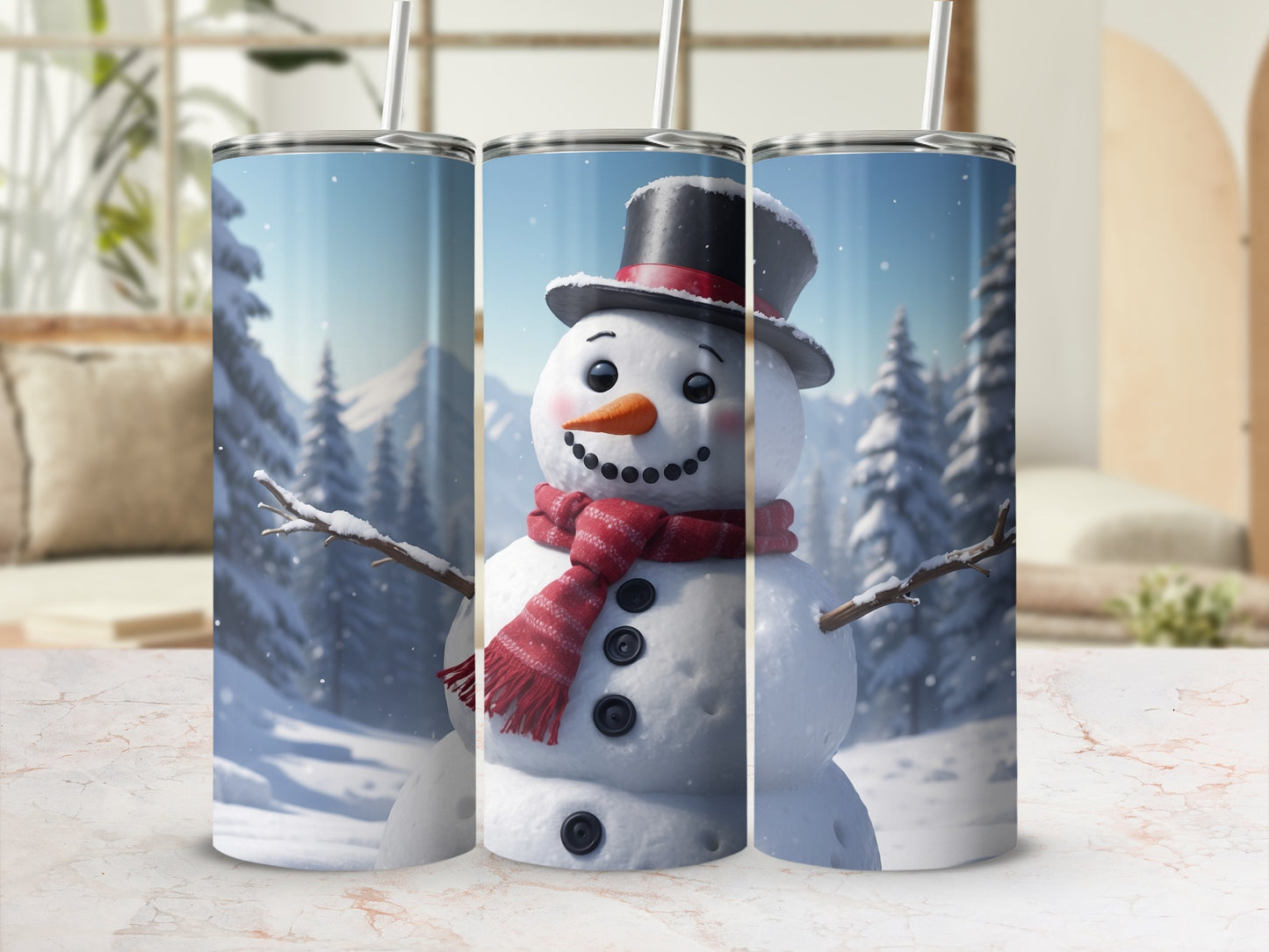 Snowman in a red scarf and black hat, with snowy trees in the background.