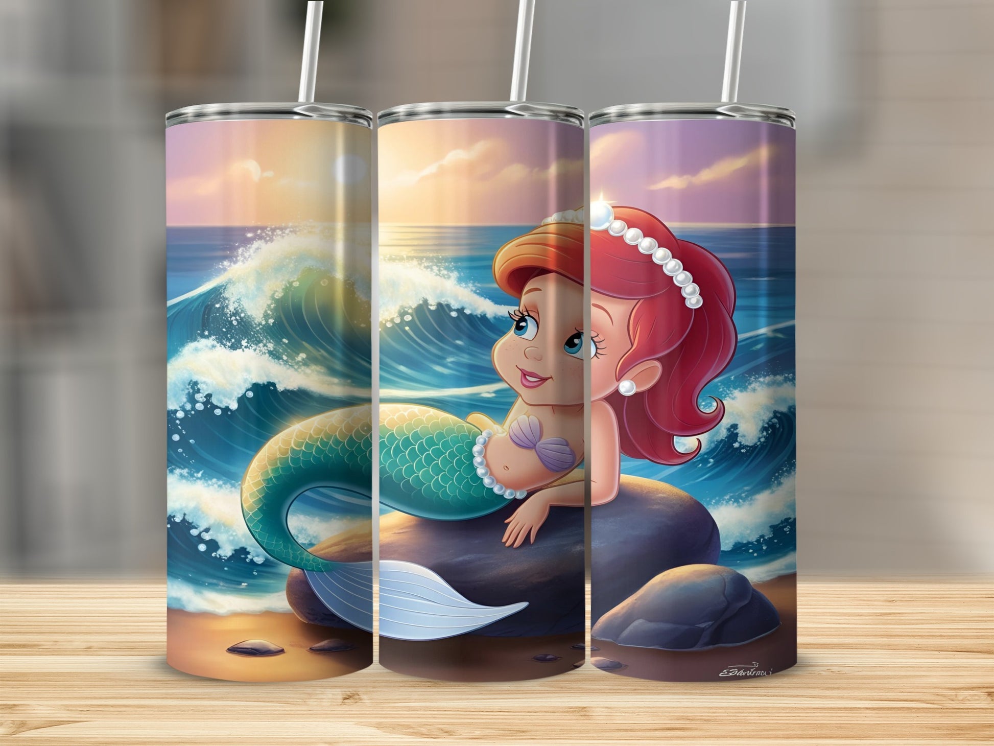 Ariel the mermaid rests on a rock in the ocean with waves.