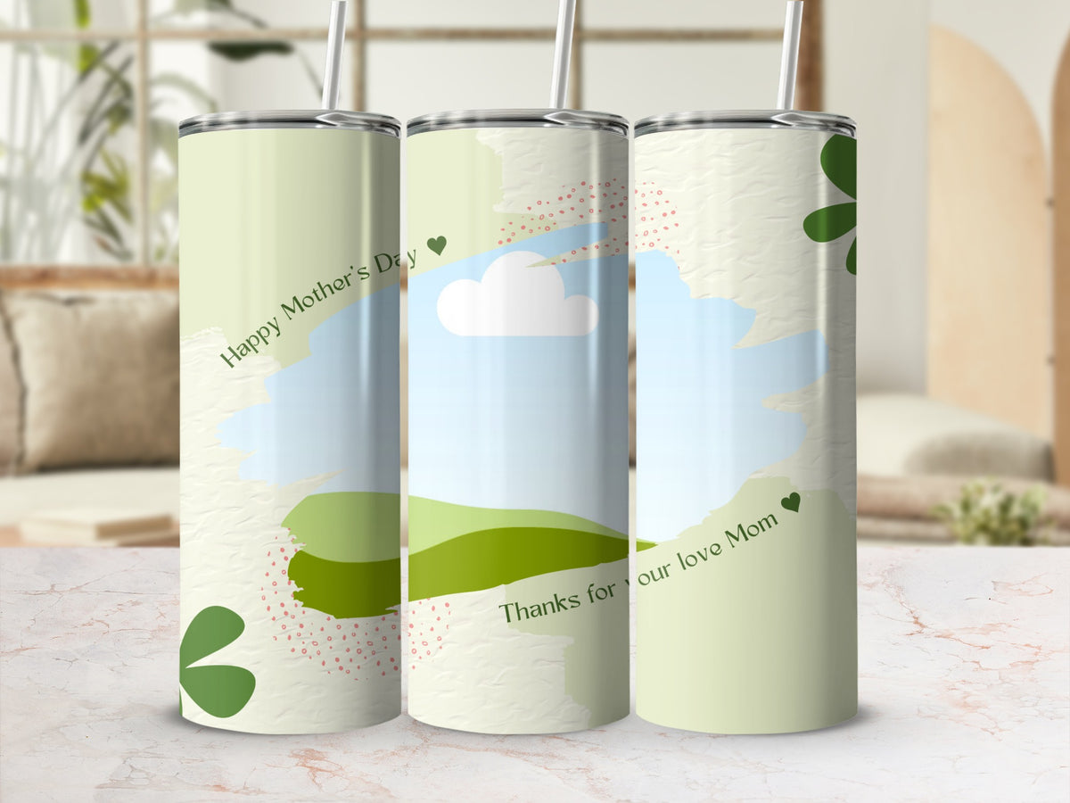 Three tumblers with a pastel abstract design and text "Happy Mother's Day".