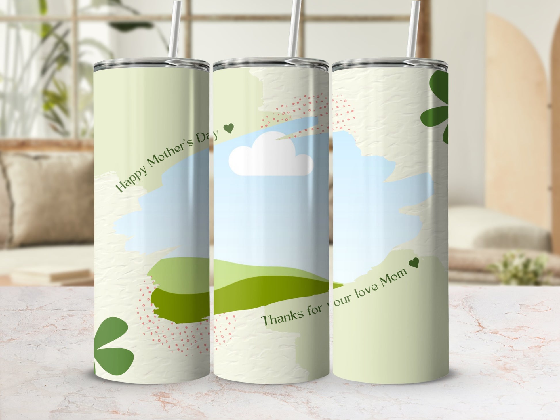 Three tumblers with a pastel abstract design and text "Happy Mother's Day".
