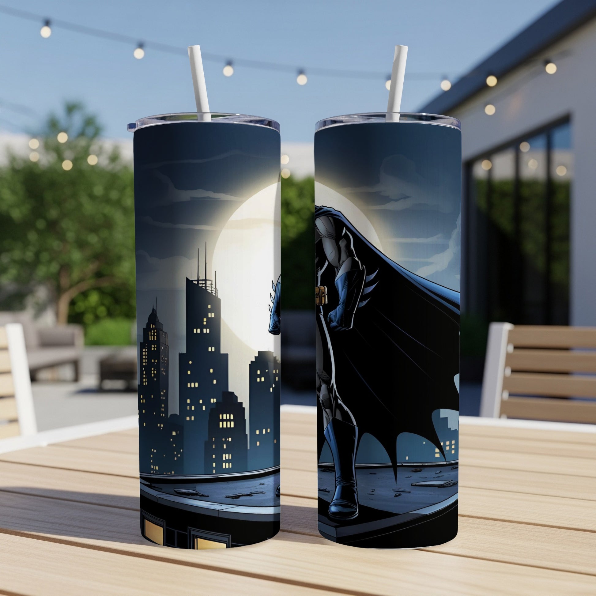 Batman standing on a rooftop at night with a city skyline.