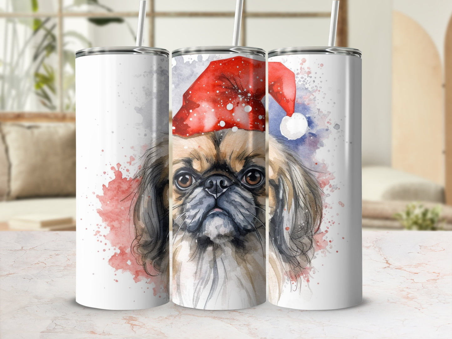 Pekingese dog wearing a Santa hat, watercolor art on a tumbler.