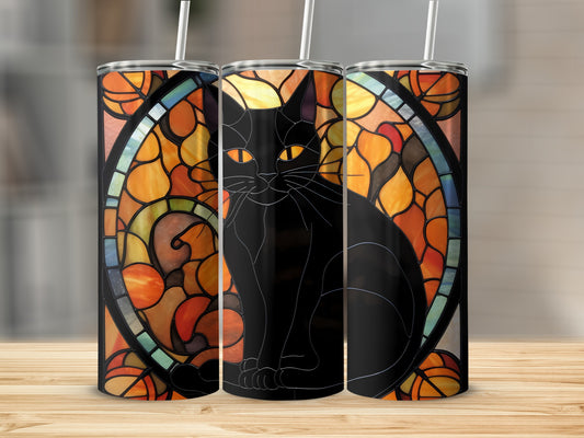 Black cat in stained glass design on a tumbler.