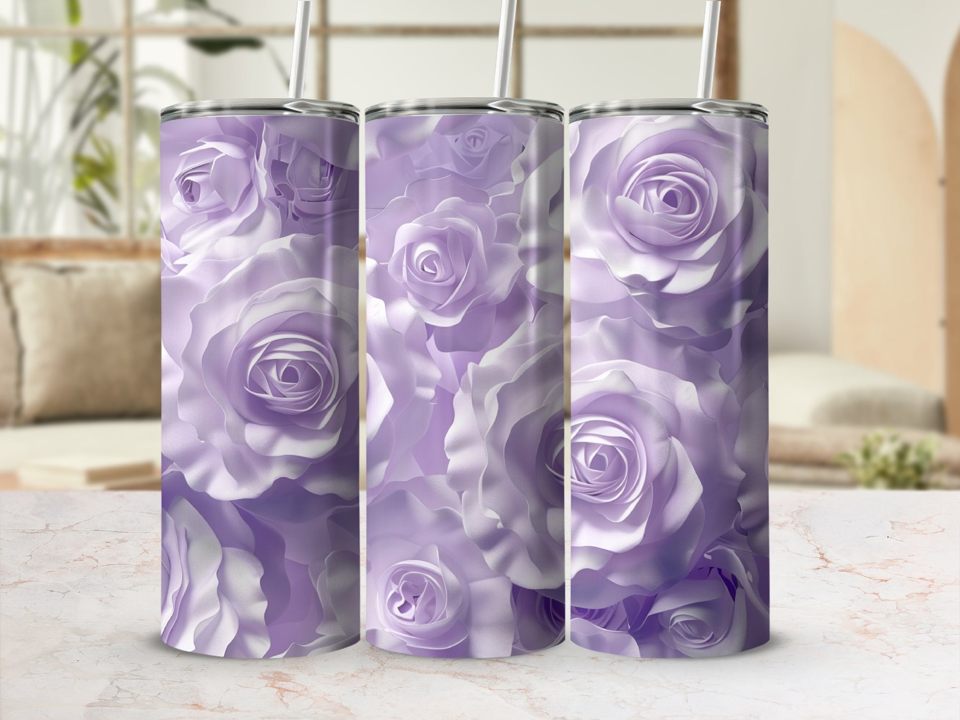 Purple rose pattern on three tumblers with straws.