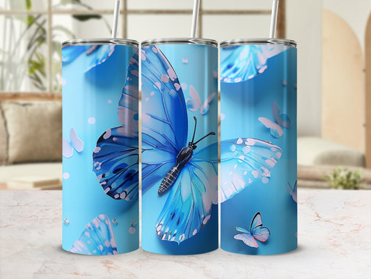 Blue butterflies on a light blue background with a subtle marble texture.