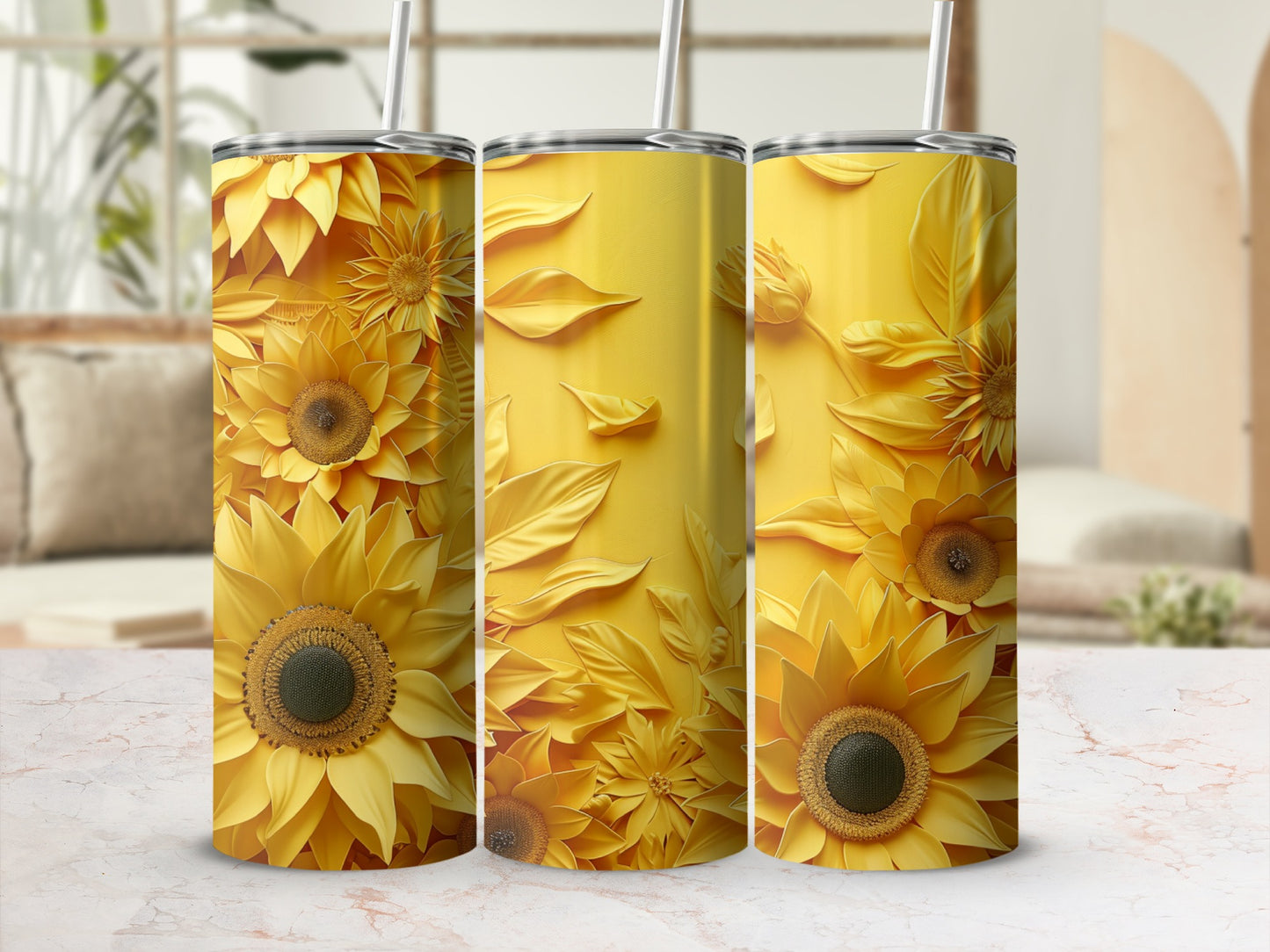 Three yellow tumblers featuring sunflower and leaf designs.