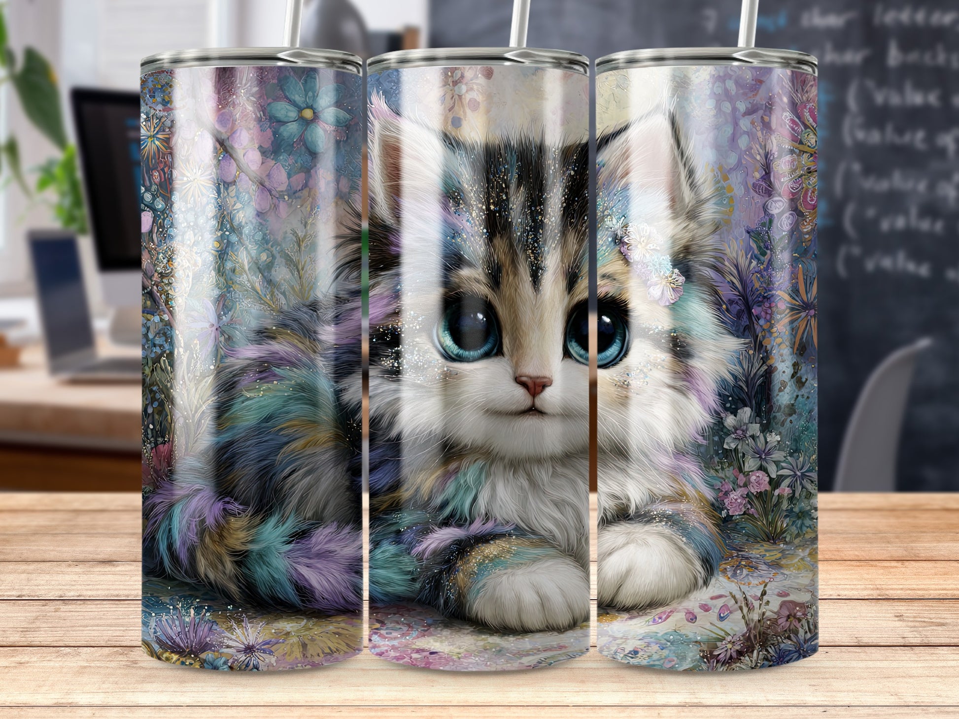 Cute Blue-Eyed Cat with Floral Background Tumbler