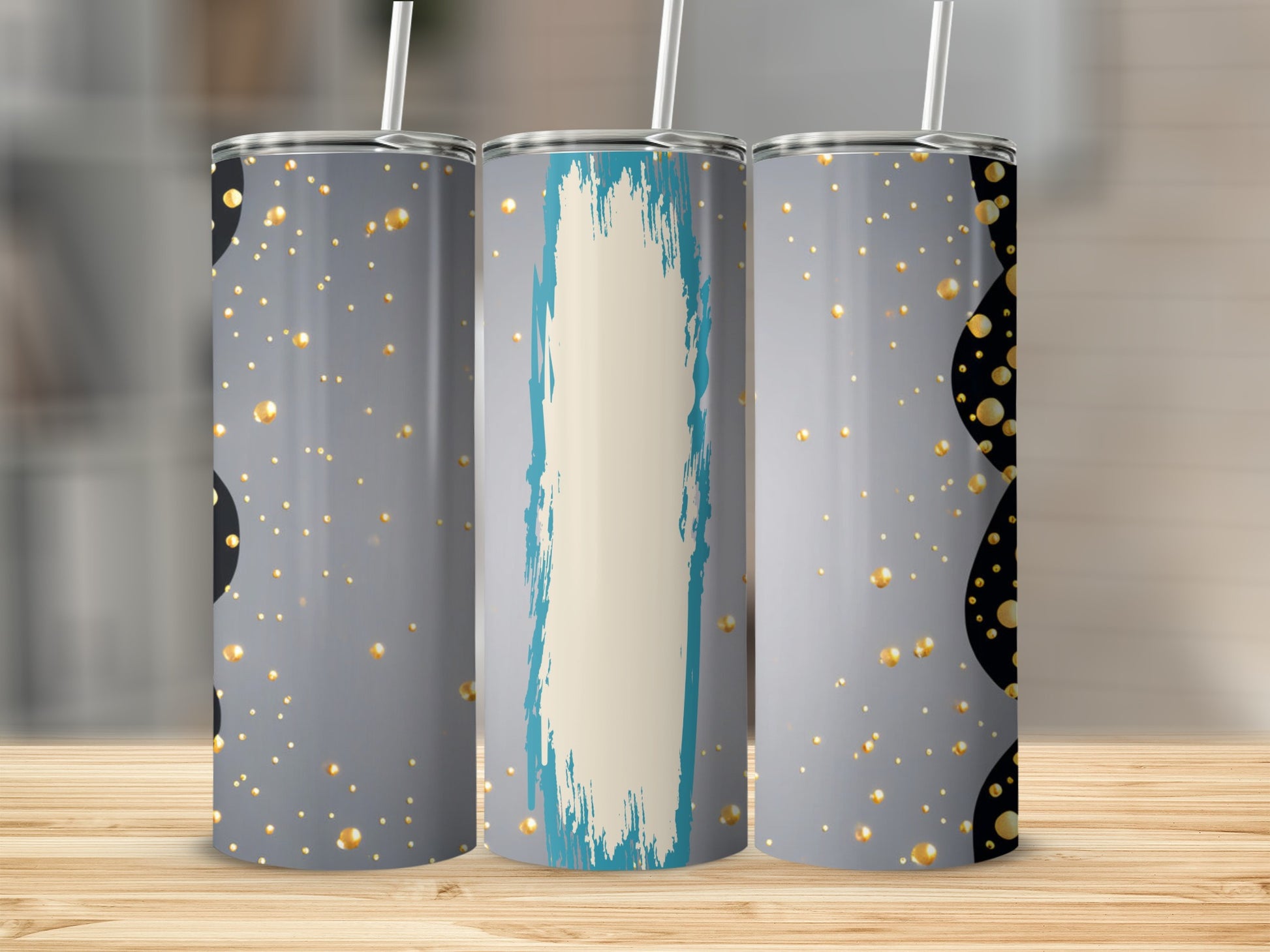 Three tumblers with gray backgrounds, gold circles, and abstract paint strokes.