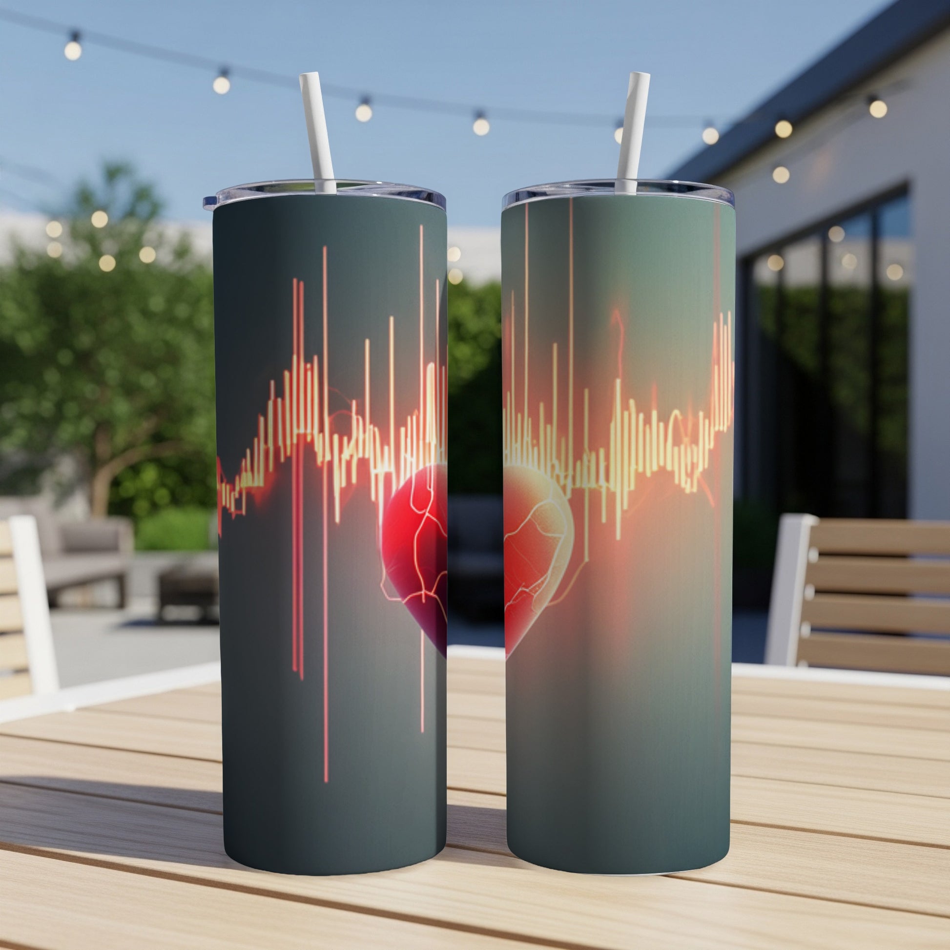 Two tumblers featuring a red, stylized heart with an audio waveform pattern.