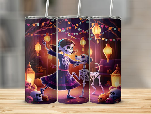 Day of the Dead girl and skeleton dog with pumpkins and lanterns.