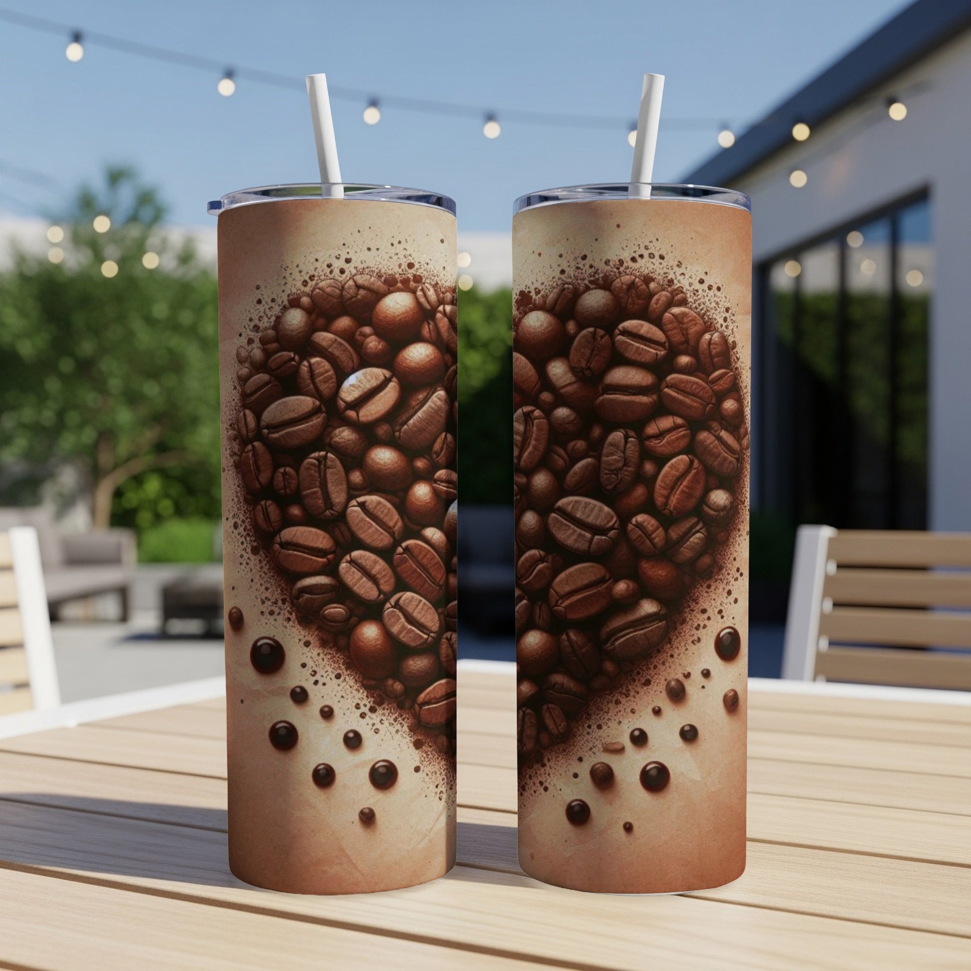 Heart-shaped coffee beans design on two white tumblers with straws on a table.