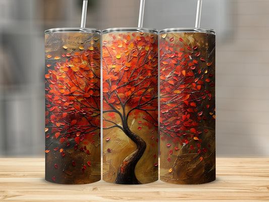 Three tumblers featuring a textured painting of a tree with red and orange leaves.