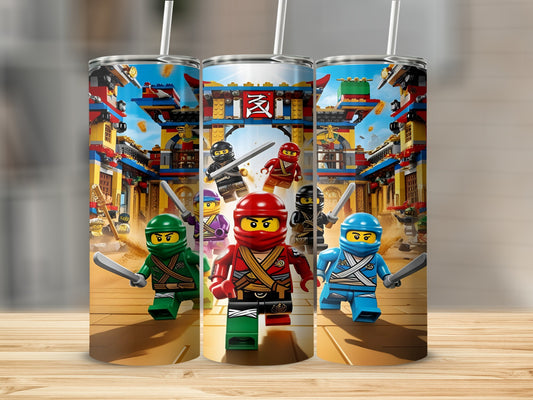 Three Lego Ninjago characters in front of a colorful Asian-inspired building.