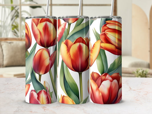 Three tumblers with a vibrant red and yellow tulip floral design.