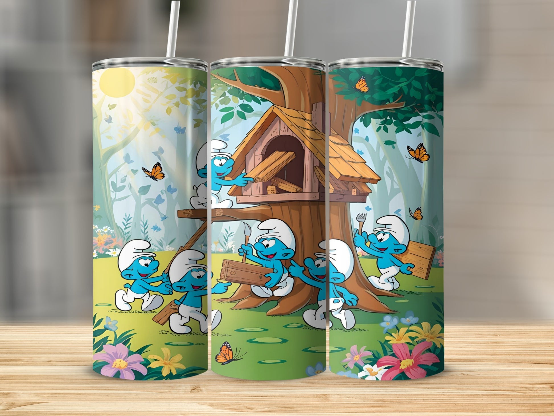 Smurfs in a forest building a birdhouse with butterflies and flowers.