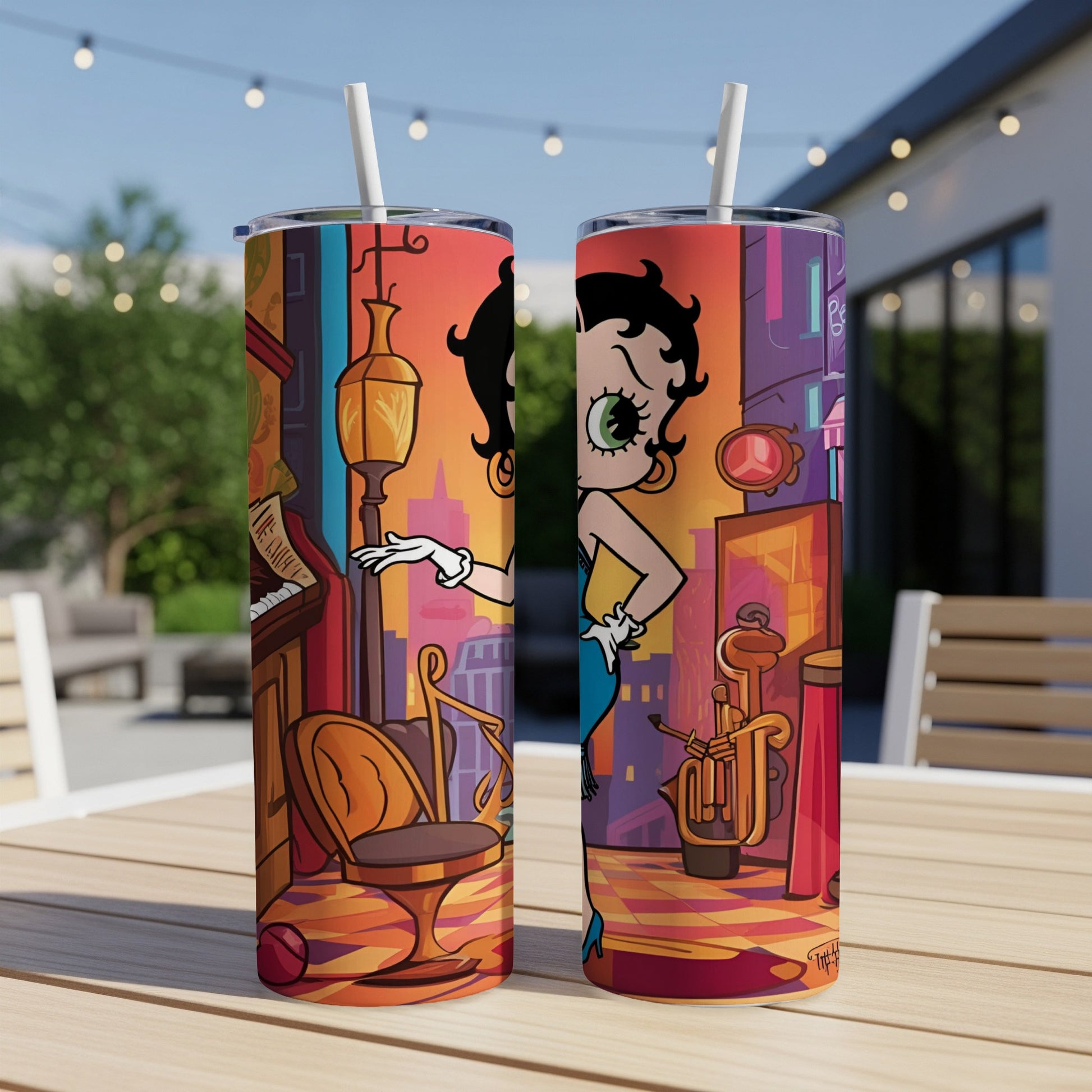 Two Betty Boop tumblers with cartoon jazz club background.