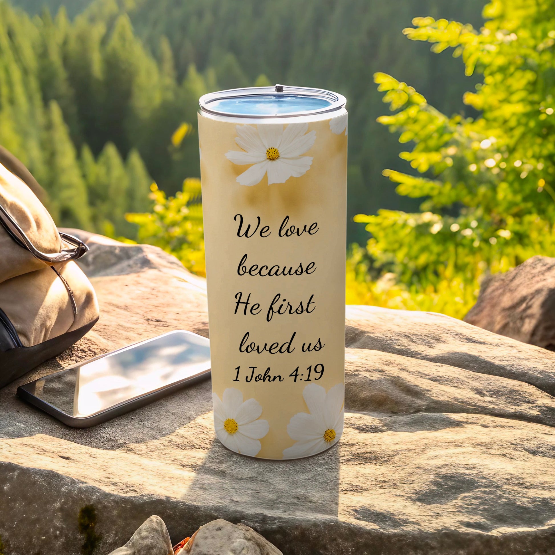 Inspirational 1 John 4:19 Design Travel Tumbler