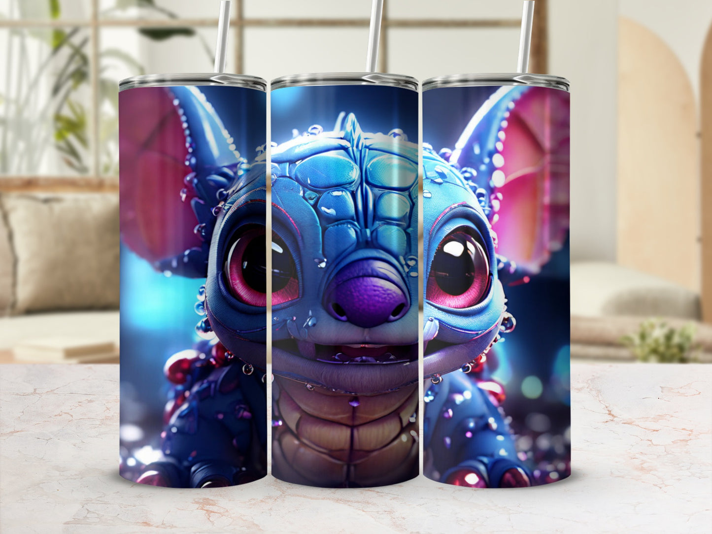 Blue cartoon dragon character with large eyes on a tumbler.
